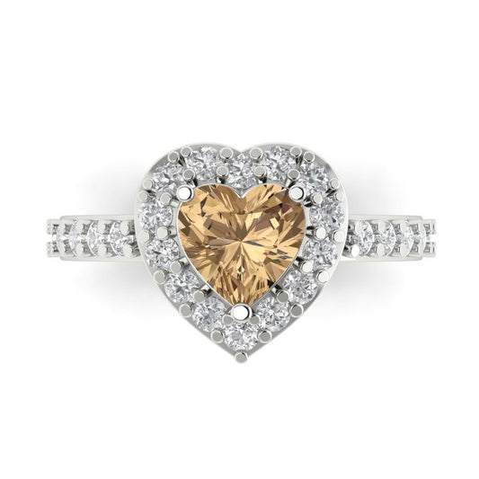 2.03 cttw Zirconia Simulated Champagne Diamond Hidden Halo Engagement Ring - Solid White Gold (VVS1, Heart Cut,7.0mm)