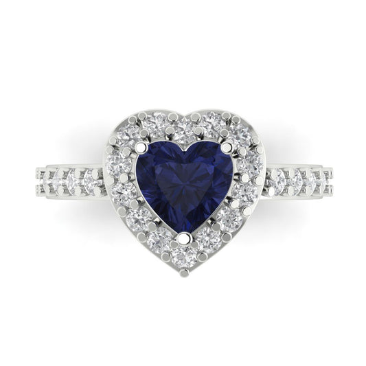 2.03 cttw Simulated Blue Sapphire Hidden Halo Engagement Ring - Solid White Gold (VVS1, Heart Cut,7.0mm)