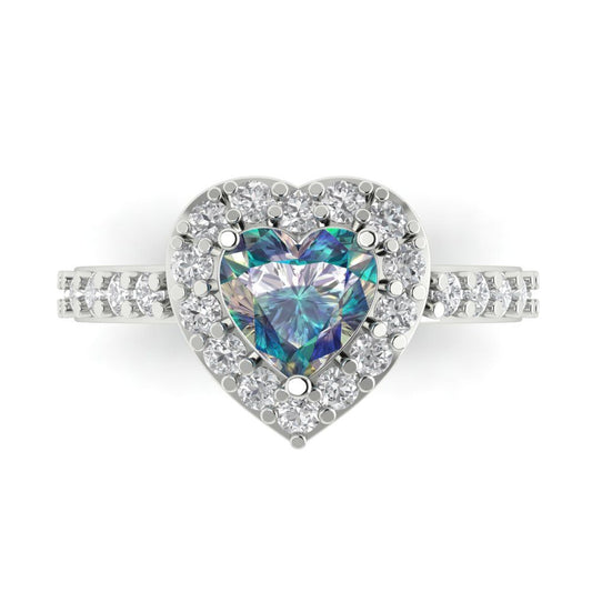 2.03 cttw Blue Moissanite Hidden Halo Engagement Ring - Solid White Gold (VVS1, Heart Cut,7.0mm)
