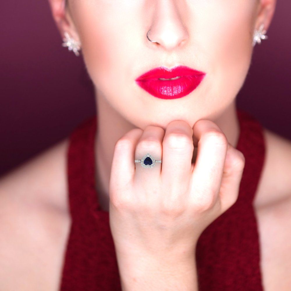 2.03 cttw Simulated Blue Sapphire Hidden Halo Engagement Ring - Solid Gold (Heart Cut,7.0mm)