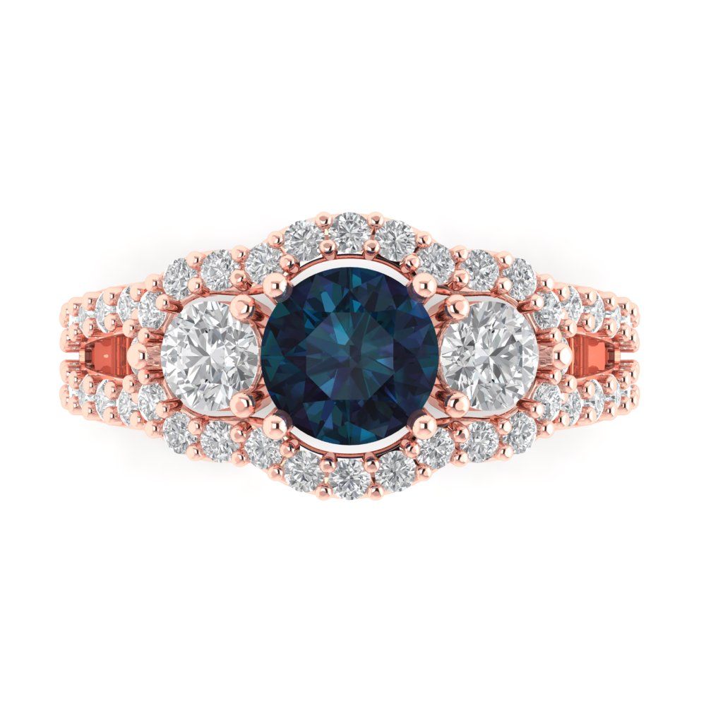 2.16 cttw Simulated Alexandrite Three-Stone Engagement Ring - Solid Rose Gold (VVS1, Round Cut,6.5mm)