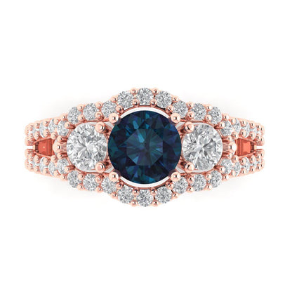 2.16 cttw Simulated Alexandrite Three-Stone Engagement Ring - Solid Rose Gold (VVS1, Round Cut,6.5mm)