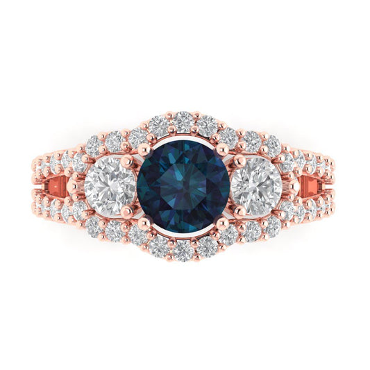 2.16 cttw Simulated Alexandrite Three-Stone Engagement Ring - Solid Rose Gold (VVS1, Round Cut,6.5mm)