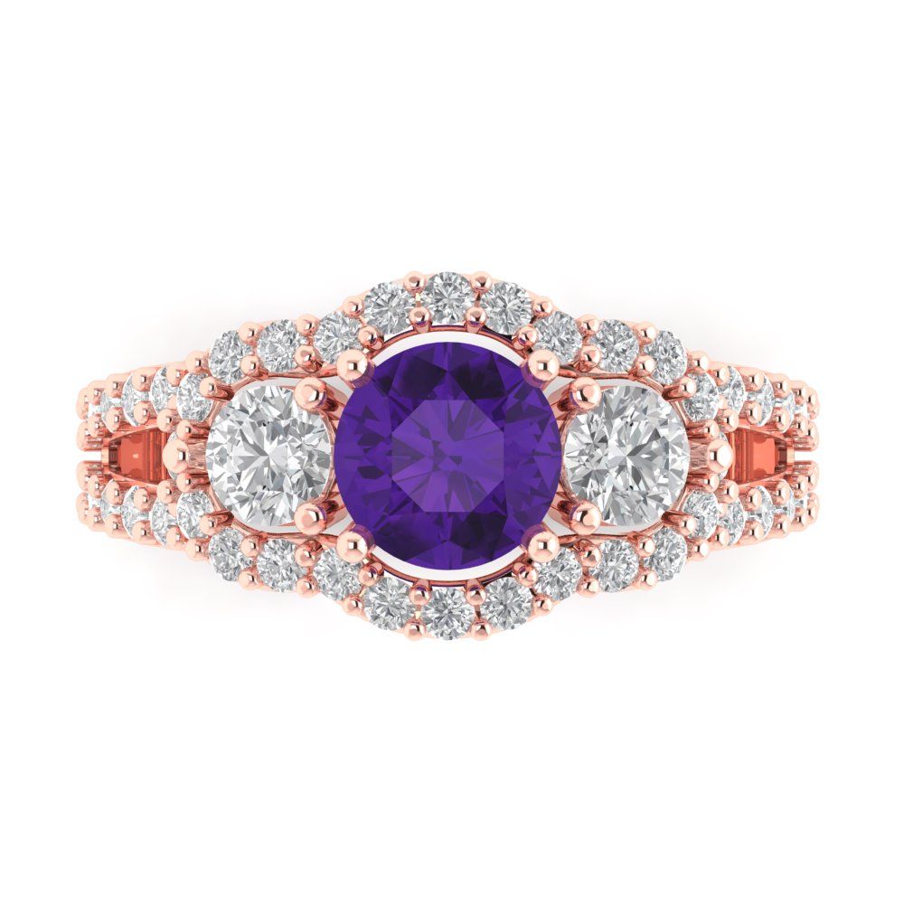 2.16 cttw Natural Amethyst Three-Stone Engagement Ring - Solid Rose Gold (VVS1, Round Cut,6.5mm)