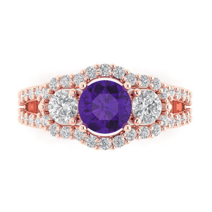 2.16 cttw Natural Amethyst Three-Stone Engagement Ring - Solid Rose Gold (VVS1, Round Cut,6.5mm)