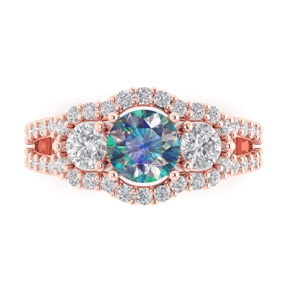 2.16 cttw Blue Moissanite Three-Stone Engagement Ring - Solid Rose Gold (VVS1, Round Cut,6.5mm)