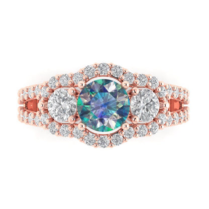 2.16 cttw Blue Moissanite Three-Stone Engagement Ring - Solid Rose Gold (VVS1, Round Cut,6.5mm)