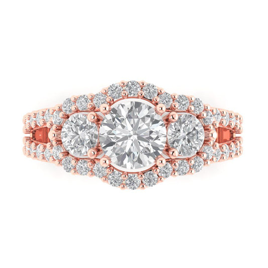 2.16 cttw Moissanite Three-Stone Engagement Ring - Solid Rose Gold (VVS1, Round Cut,6.5mm)