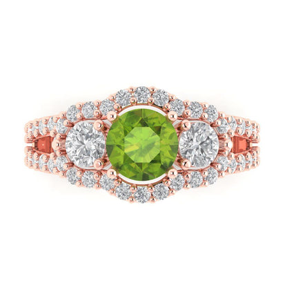 2.16 cttw Natural Peridot Three-Stone Engagement Ring - Solid Rose Gold (VVS1, Round Cut,6.5mm)