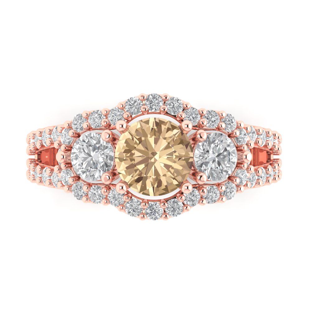 2.16 cttw Yellow Moissanite Three-Stone Engagement Ring - Solid Rose Gold (VVS1, Round Cut,6.5mm)
