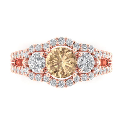 2.16 cttw Yellow Moissanite Three-Stone Engagement Ring - Solid Rose Gold (VVS1, Round Cut,6.5mm)