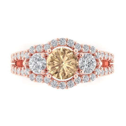 2.16 cttw Yellow Moissanite Three-Stone Engagement Ring - Solid Rose Gold (VVS1, Round Cut,6.5mm)
