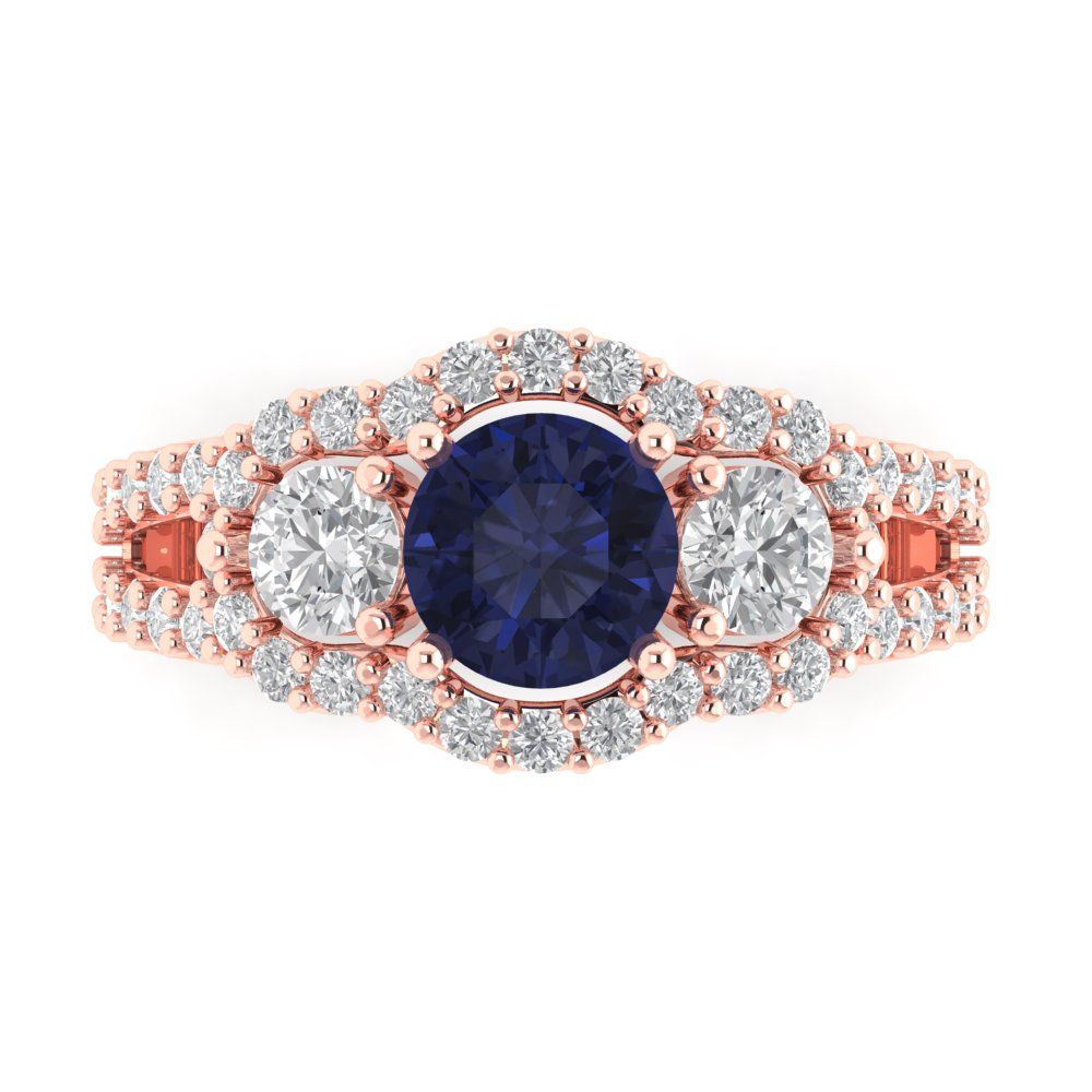 2.16 cttw Simulated Blue Sapphire Three-Stone Engagement Ring - Solid Rose Gold (VVS1, Round Cut,6.5mm)
