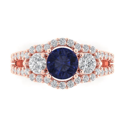 2.16 cttw Simulated Blue Sapphire Three-Stone Engagement Ring - Solid Rose Gold (VVS1, Round Cut,6.5mm)