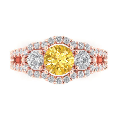 2.16 cttw Zirconia Simulated Yellow Diamond Three-Stone Engagement Ring - Solid Rose Gold (VVS1, Round Cut,6.5mm)