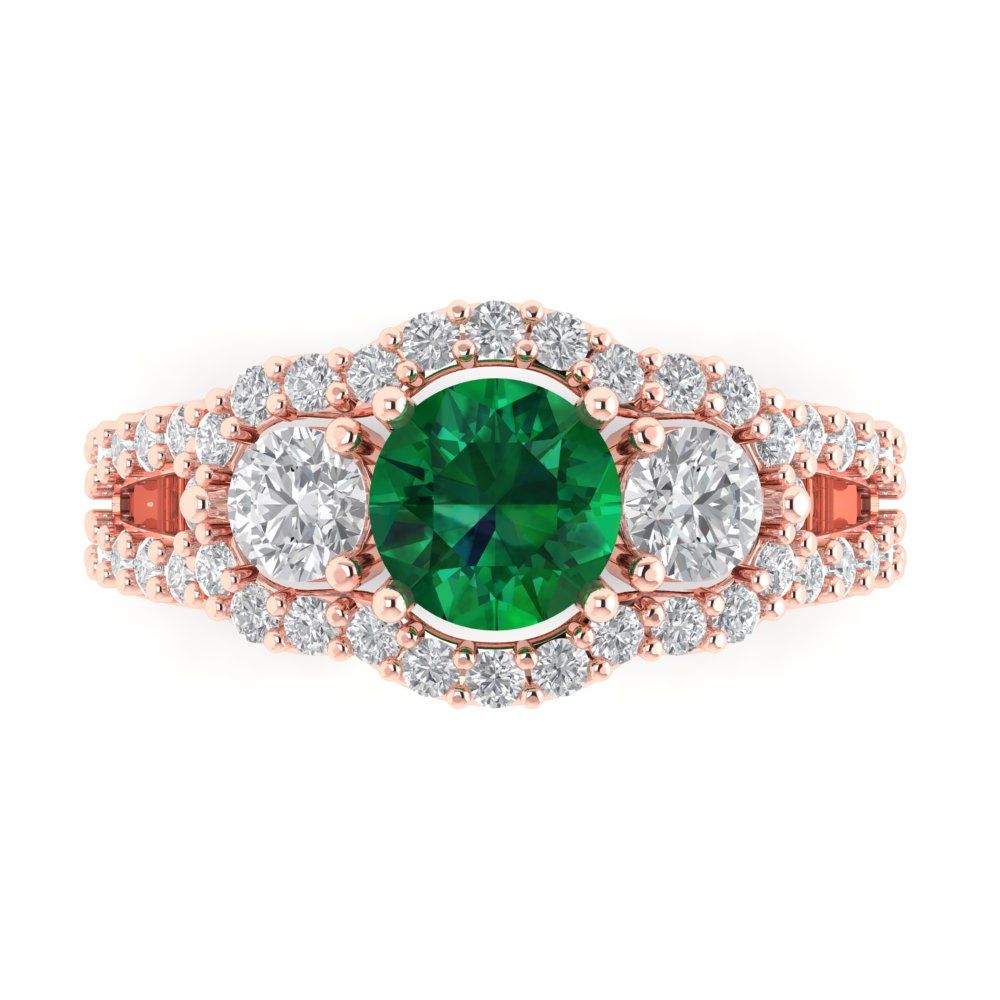 2.16 cttw Simulated Emerald Three-Stone Engagement Ring - Solid Rose Gold (VVS1, Round Cut,6.5mm)