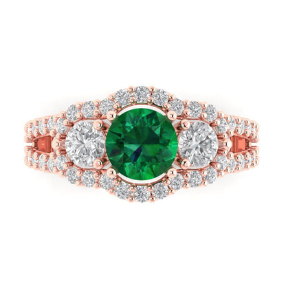 2.16 cttw Simulated Emerald Three-Stone Engagement Ring - Solid Rose Gold (VVS1, Round Cut,6.5mm)