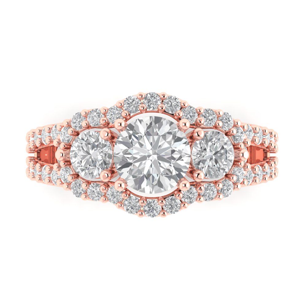 2.16 cttw White Sapphire Three-Stone Engagement Ring - Solid Rose Gold (VVS1, Round Cut,6.5mm)