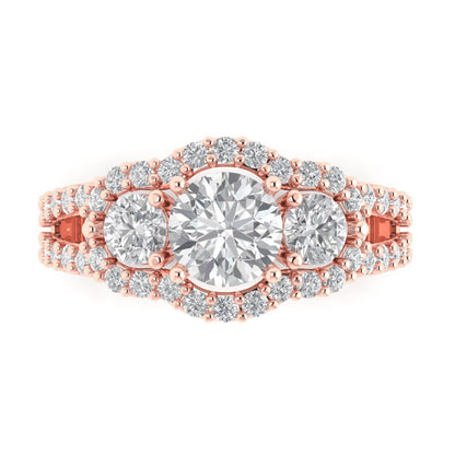 2.16 cttw White Sapphire Three-Stone Engagement Ring - Solid Rose Gold (VVS1, Round Cut,6.5mm)