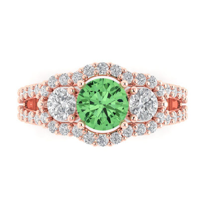 2.16 cttw Zirconia Simulated Green Diamond Three-Stone Engagement Ring - Solid Rose Gold (VVS1, Round Cut,6.5mm)
