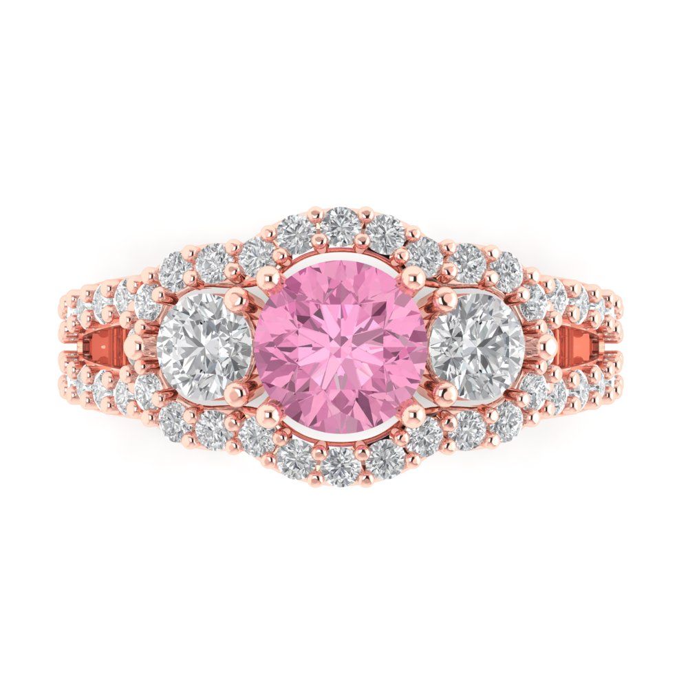 2.16 cttw Zirconia Simulated Pink Diamond Three-Stone Engagement Ring - Solid Rose Gold (VVS1, Round Cut,6.5mm)