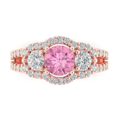 2.16 cttw Zirconia Simulated Pink Diamond Three-Stone Engagement Ring - Solid Rose Gold (VVS1, Round Cut,6.5mm)