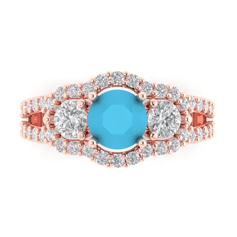 2.16 cttw Simulated Turquoise Three-Stone Engagement Ring - Solid Rose Gold (VVS1, Round Cut,6.5mm)