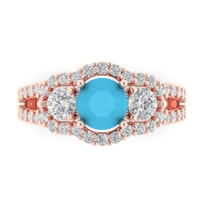 2.16 cttw Simulated Turquoise Three-Stone Engagement Ring - Solid Rose Gold (VVS1, Round Cut,6.5mm)