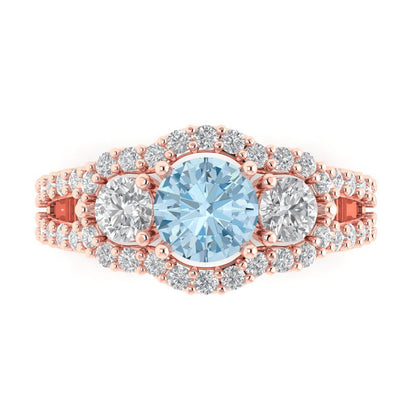 2.16 cttw Natural Swiss Blue Topaz Three-Stone Engagement Ring - Solid Rose Gold (VVS1, Round Cut,6.5mm)