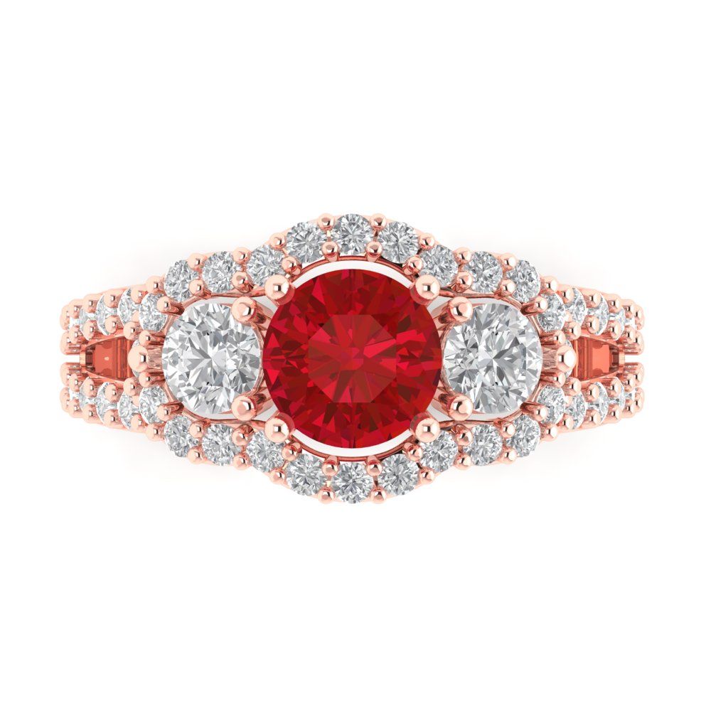 2.16 cttw Simulated Pink Tourmaline Three-Stone Engagement Ring - Solid Rose Gold (VVS1, Round Cut,6.5mm)