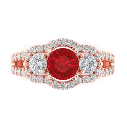 2.16 cttw Simulated Pink Tourmaline Three-Stone Engagement Ring - Solid Rose Gold (VVS1, Round Cut,6.5mm)