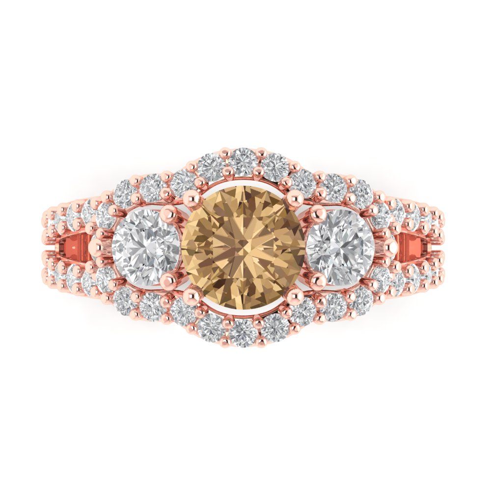 2.16 cttw Zirconia Simulated Champagne Diamond Three-Stone Engagement Ring - Solid Gold (VVS1, Round Cut,6.5mm)