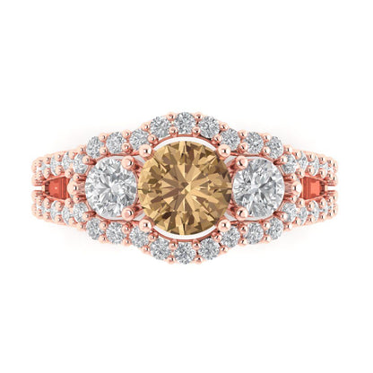 2.16 cttw Zirconia Simulated Champagne Diamond Three-Stone Engagement Ring - Solid Gold (VVS1, Round Cut,6.5mm)