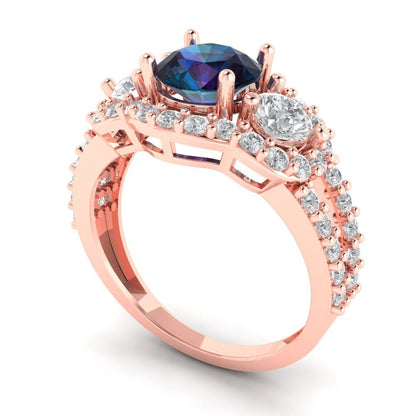 2.16 cttw Simulated Alexandrite Three-Stone Engagement Ring - Solid Rose Gold (VVS1, Round Cut,6.5mm)
