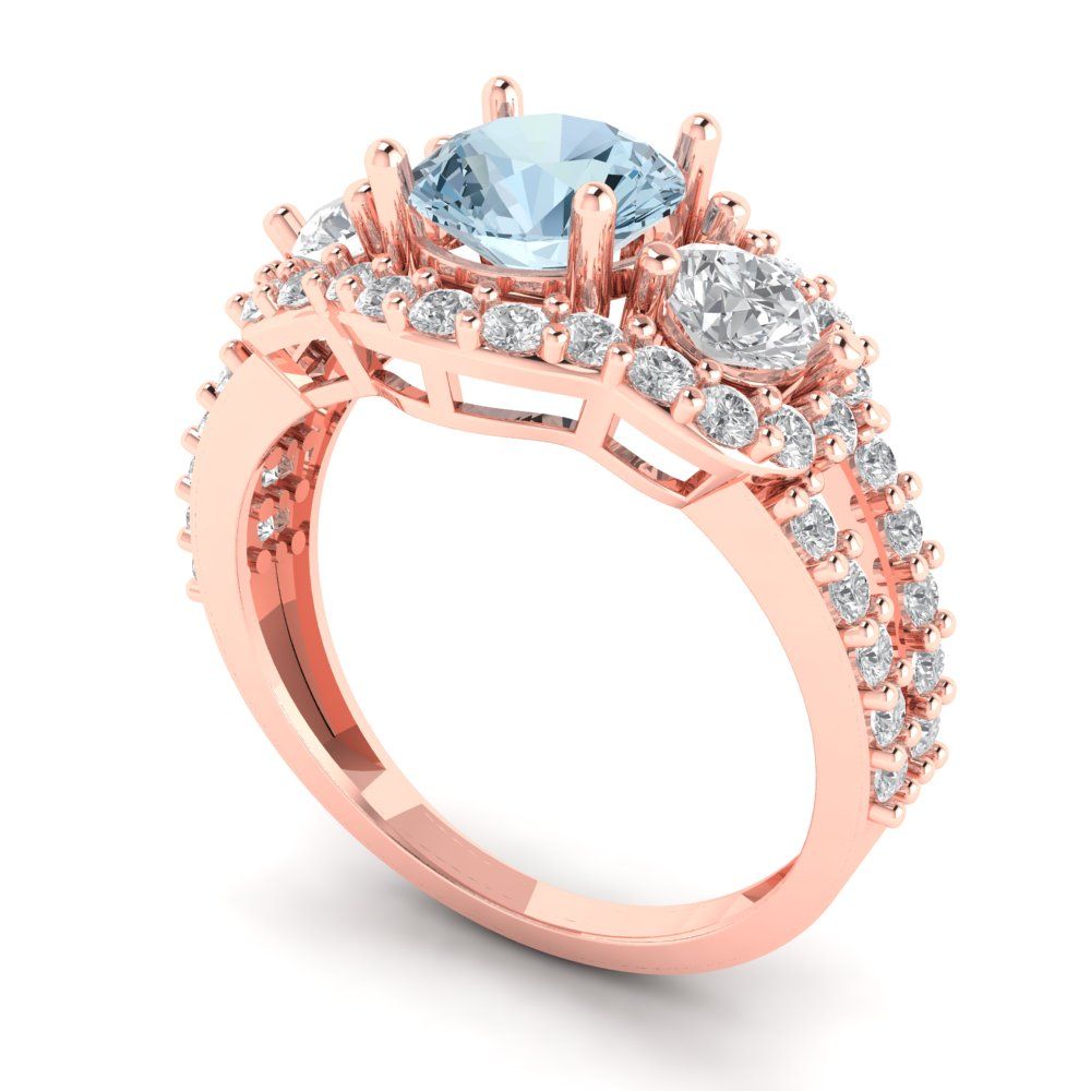 2.16 cttw Natural Aquamarine Three-Stone Engagement Ring - Solid Gold (Round Cut,6.5mm)