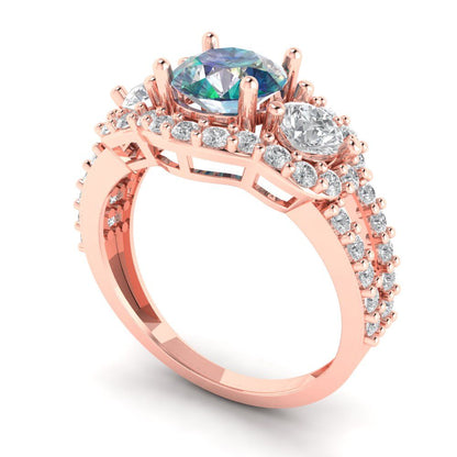 2.16 cttw Blue Moissanite Three-Stone Engagement Ring - Solid Rose Gold (VVS1, Round Cut,6.5mm)