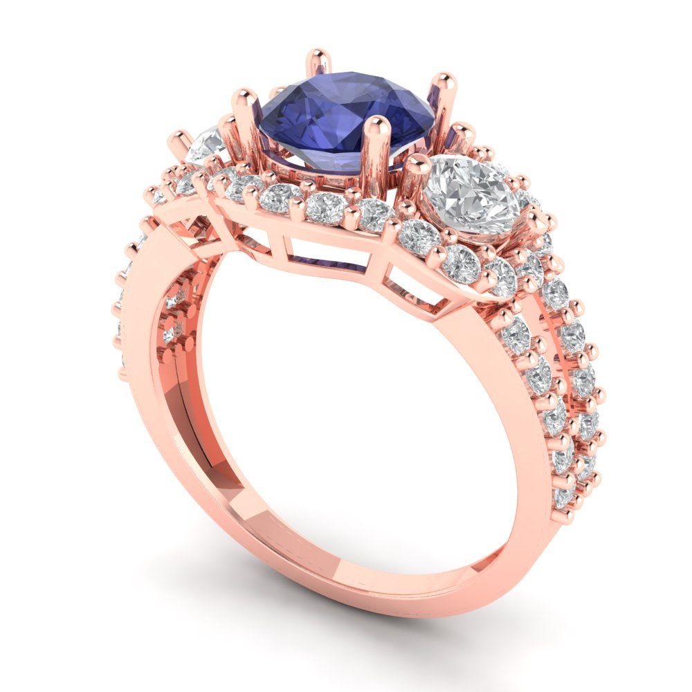 2.16 cttw Simulated Tanzanite Three-Stone Engagement Ring - Solid Gold (Round Cut,6.5mm)