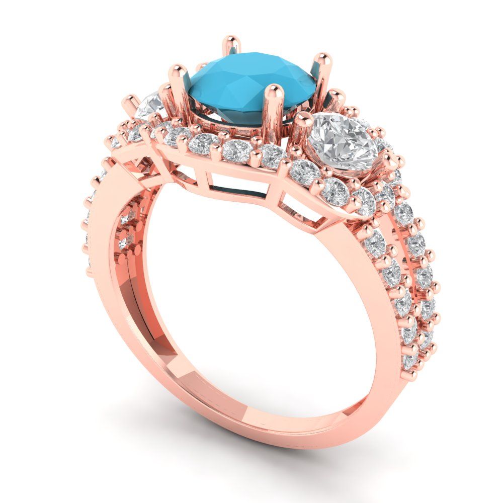 2.16 cttw Simulated Turquoise Three-Stone Engagement Ring - Solid Rose Gold (VVS1, Round Cut,6.5mm)