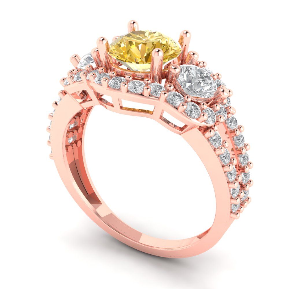 2.16 cttw Zirconia Simulated Yellow Diamond Three-Stone Engagement Ring - Solid Rose Gold (VVS1, Round Cut,6.5mm)