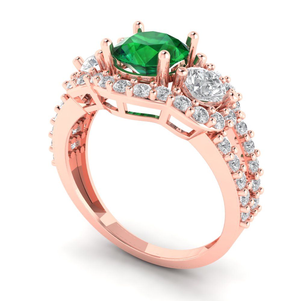 2.16 cttw Simulated Emerald Three-Stone Engagement Ring - Solid Rose Gold (VVS1, Round Cut,6.5mm)