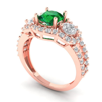 2.16 cttw Simulated Emerald Three-Stone Engagement Ring - Solid Rose Gold (VVS1, Round Cut,6.5mm)
