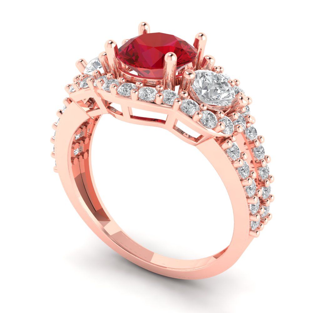 2.16 cttw Simulated Pink Tourmaline Three-Stone Engagement Ring - Solid Rose Gold (VVS1, Round Cut,6.5mm)