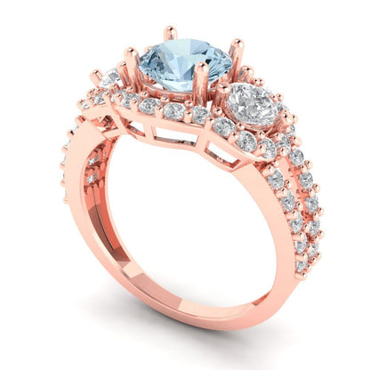 2.16 cttw Natural Swiss Blue Topaz Three-Stone Engagement Ring - Solid Rose Gold (VVS1, Round Cut,6.5mm)