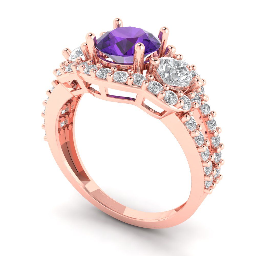 2.16 cttw Natural Amethyst Three-Stone Engagement Ring - Solid Rose Gold (VVS1, Round Cut,6.5mm)