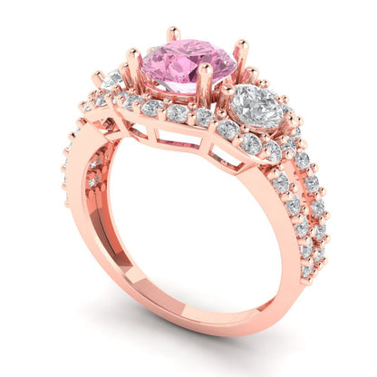 2.16 cttw Zirconia Simulated Pink Diamond Three-Stone Engagement Ring - Solid Rose Gold (VVS1, Round Cut,6.5mm)