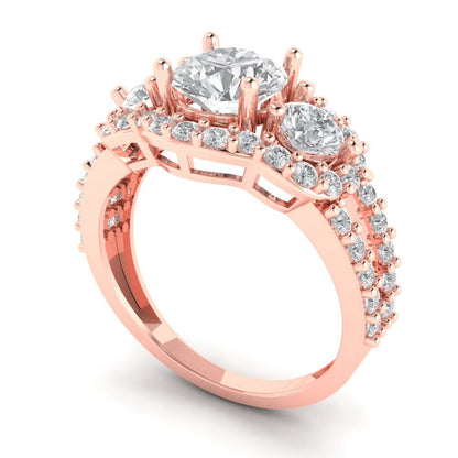 2.16 cttw White Sapphire Three-Stone Engagement Ring - Solid Rose Gold (VVS1, Round Cut,6.5mm)