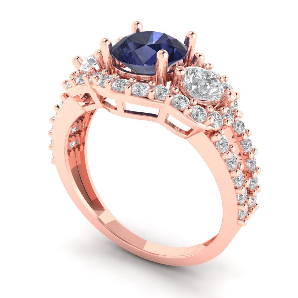 2.16 cttw Simulated Blue Sapphire Three-Stone Engagement Ring - Solid Rose Gold (VVS1, Round Cut,6.5mm)