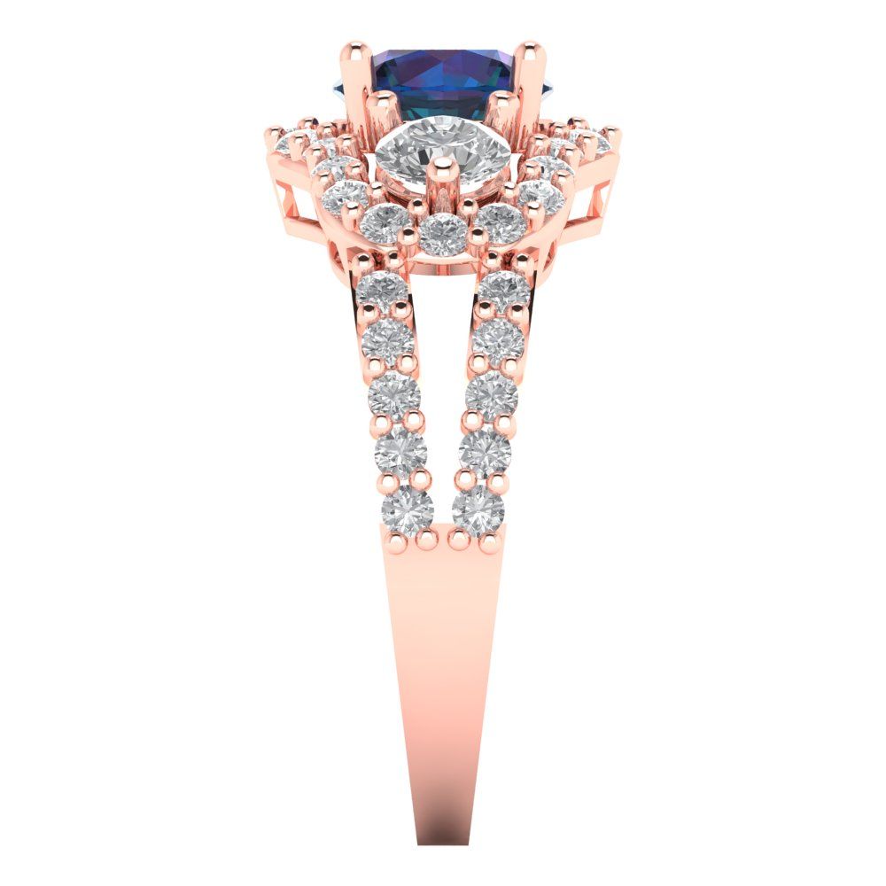 2.16 cttw Simulated Alexandrite Three-Stone Engagement Ring - Solid Rose Gold (VVS1, Round Cut,6.5mm)