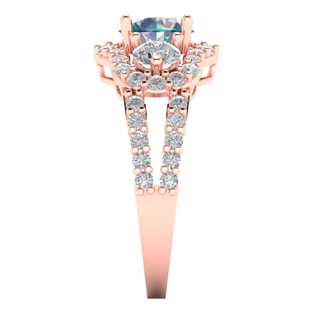 2.16 cttw Blue Moissanite Three-Stone Engagement Ring - Solid Rose Gold (VVS1, Round Cut,6.5mm)