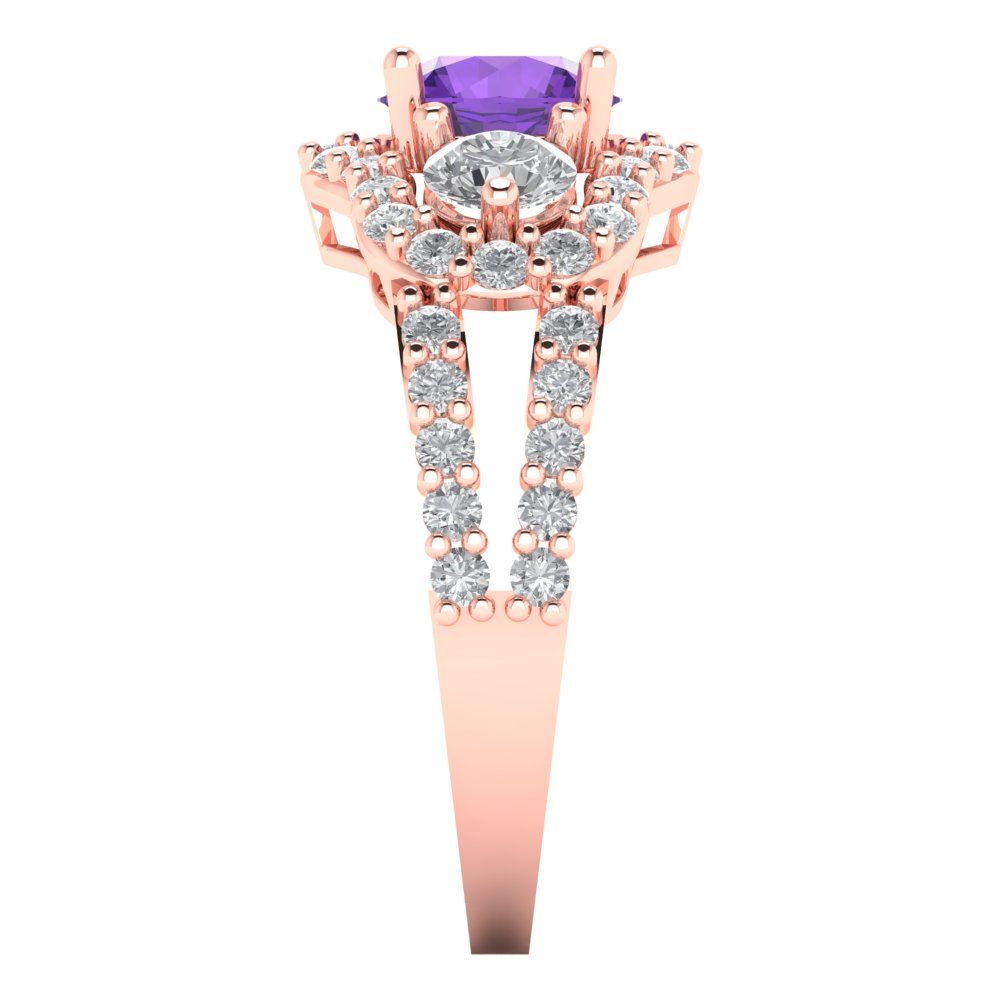 2.16 cttw Natural Amethyst Three-Stone Engagement Ring - Solid Rose Gold (VVS1, Round Cut,6.5mm)